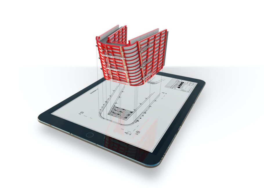 A simulated image of a 3D formwork design coming out of an ipad screen to show the functions of the MEVA me app