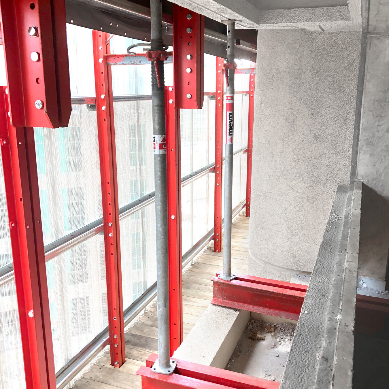 A rail guided formwork system from the inside of a building under construction