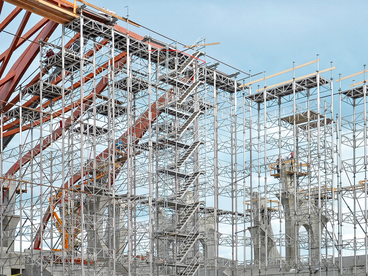 A complex structure showing formwork shoring towers