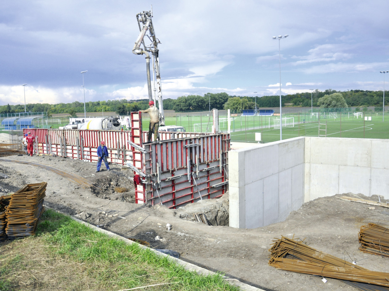 Construction of Pancho Stadium Hungary using MEVA formwork systems slab and wall formwork and shoring systems
