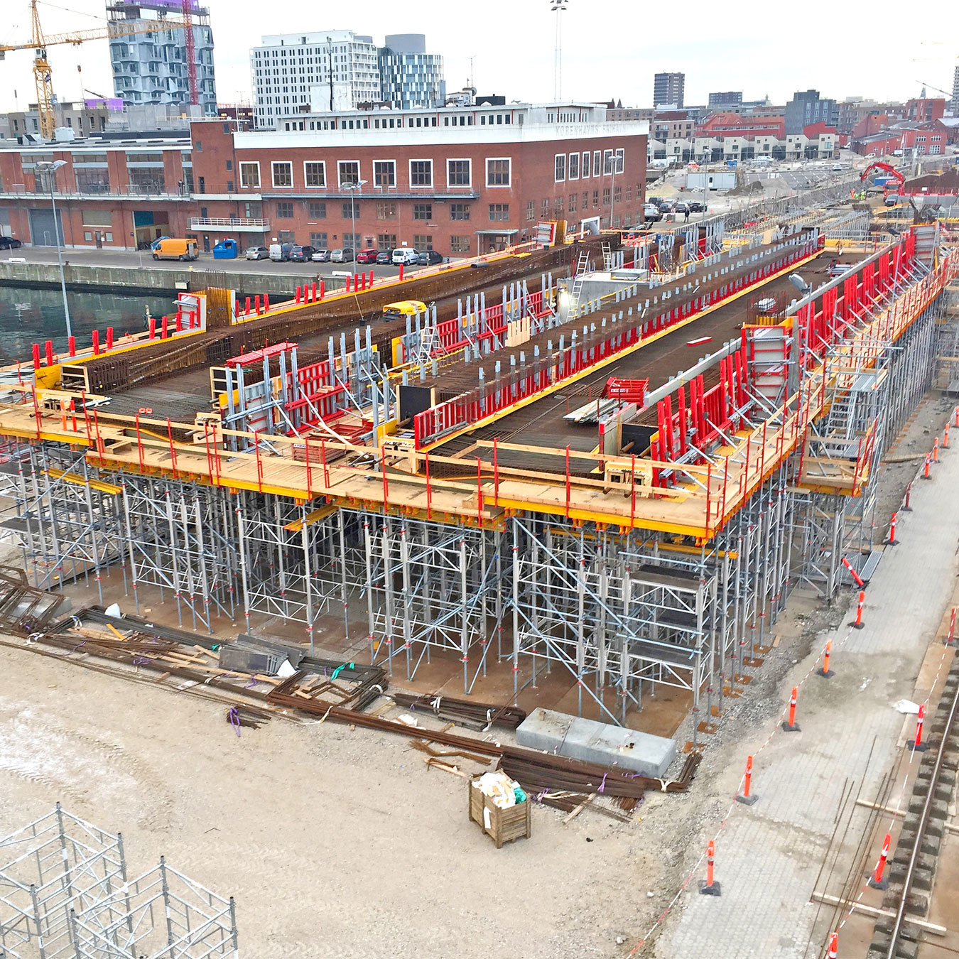 Ariel view of shoring towers in place to support concrete construction