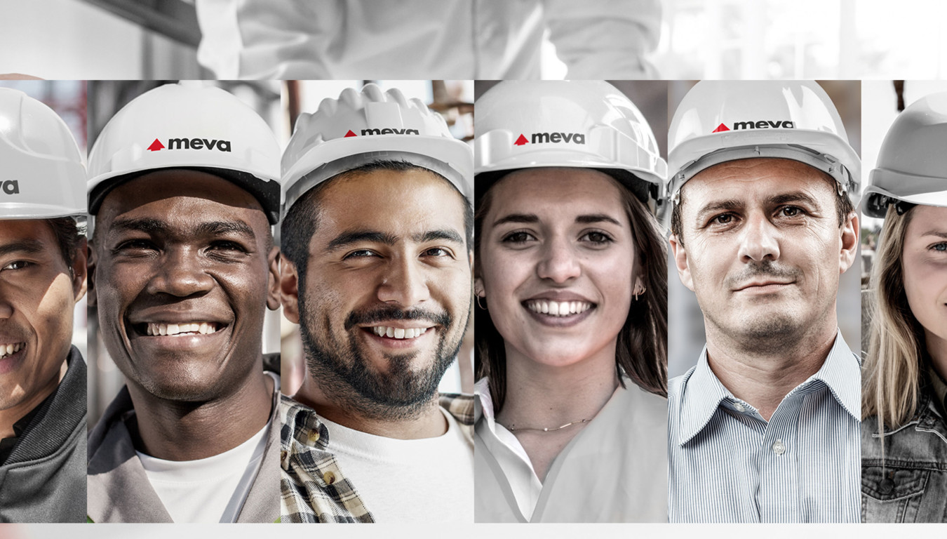 A collage of images of six of MEVA's employees smiling and wearing MEVA branded hard hats