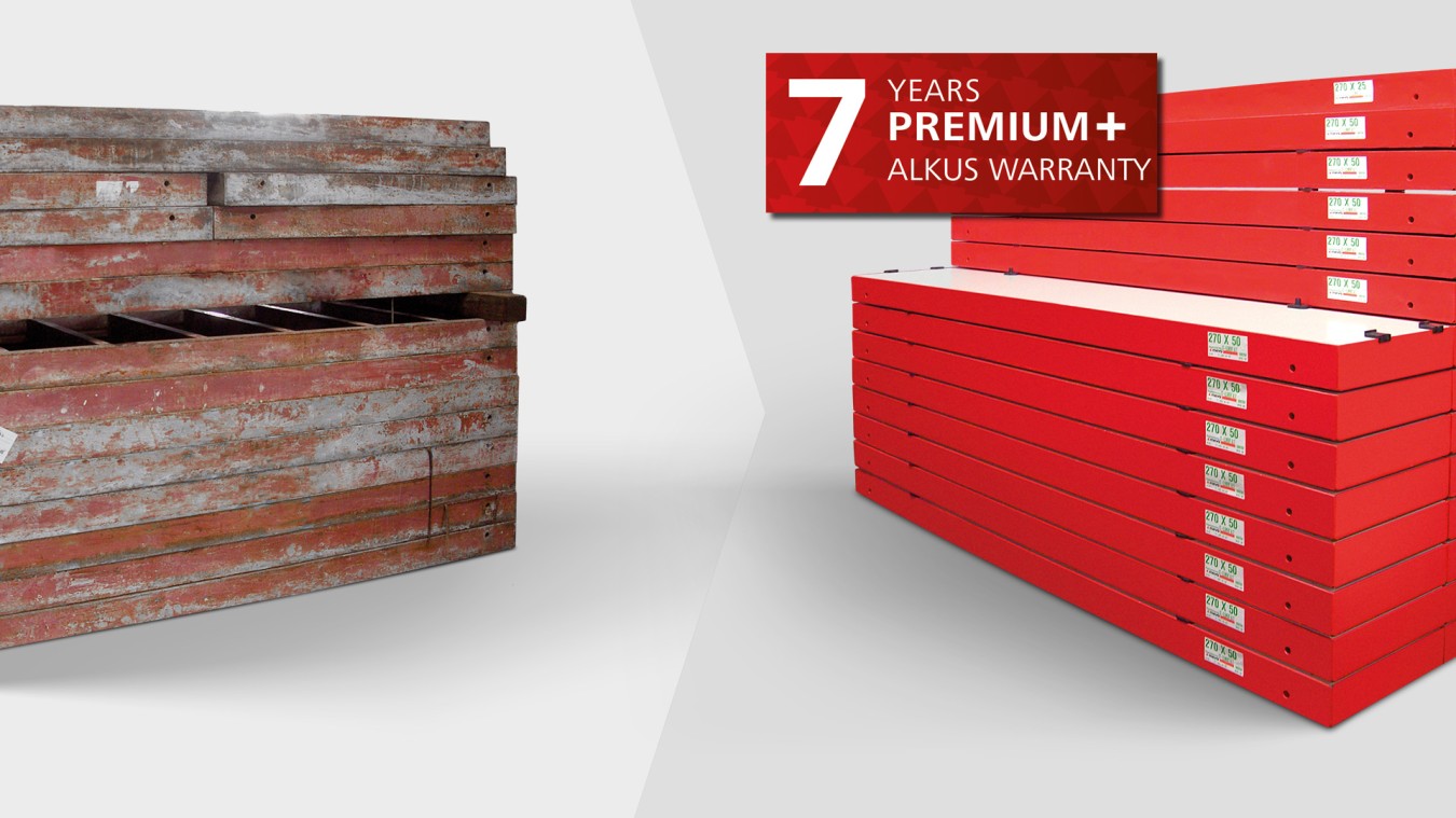 Picture old used formwork refurbishing with label 7 years premiumplus warranty