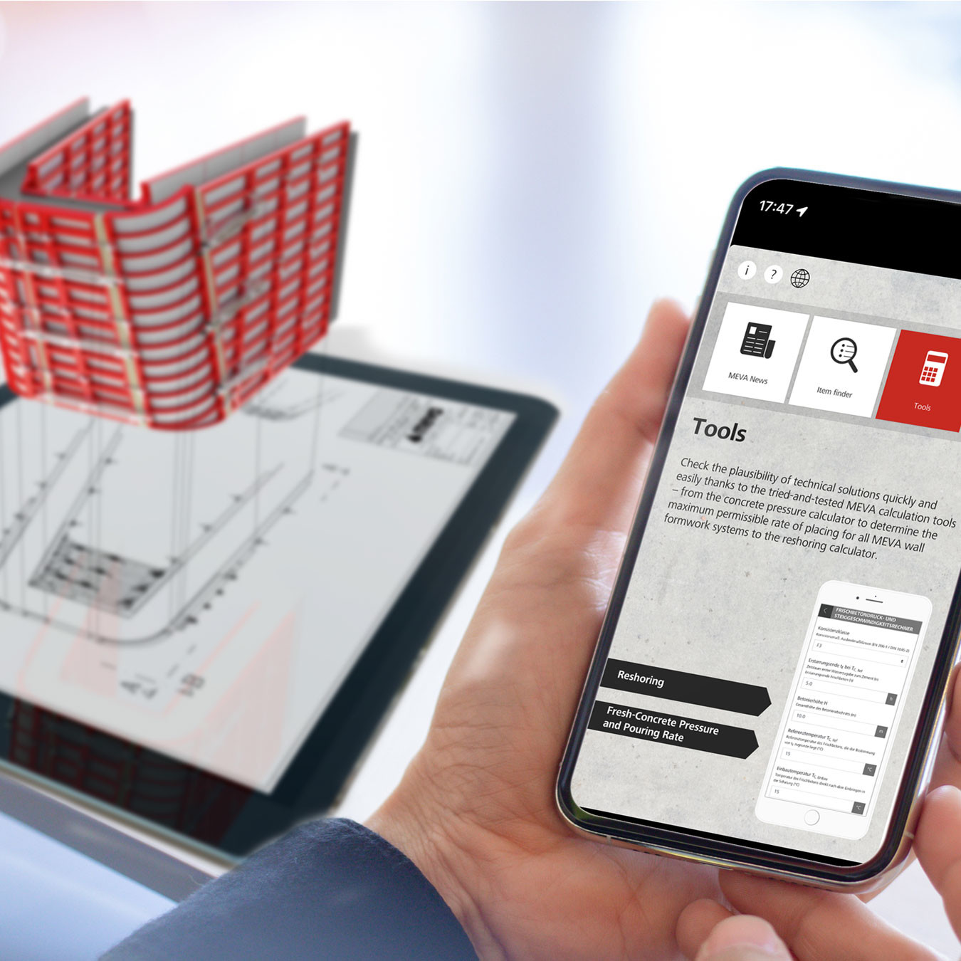 Image of 3d image of building on an ipad and a MEVA app on a phone