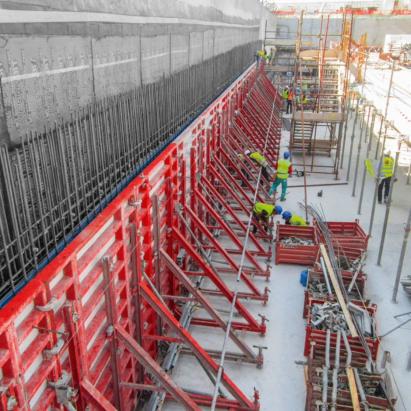 Wall formwork braces used on a large wall