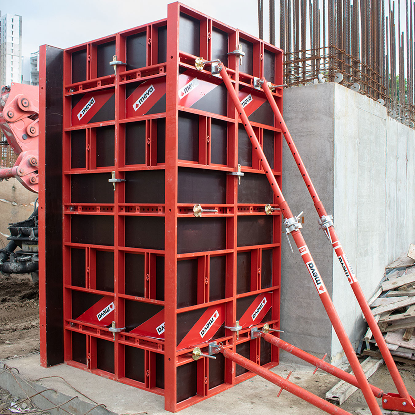 Wall formwork and props shown in construction of walls