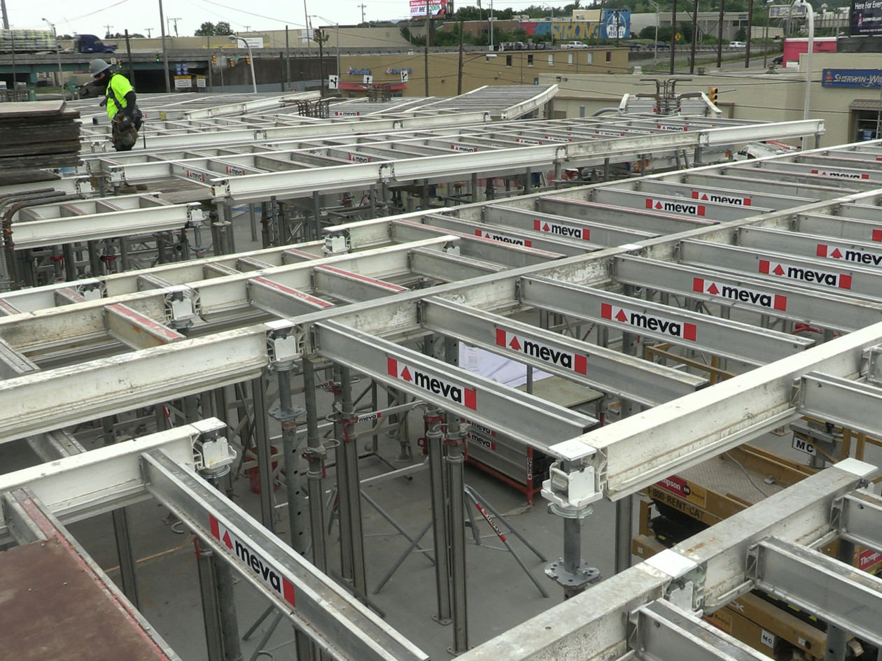 MEVA's slab formwork from above as it is used to construct a mixed-used building in Nashville Tennessee