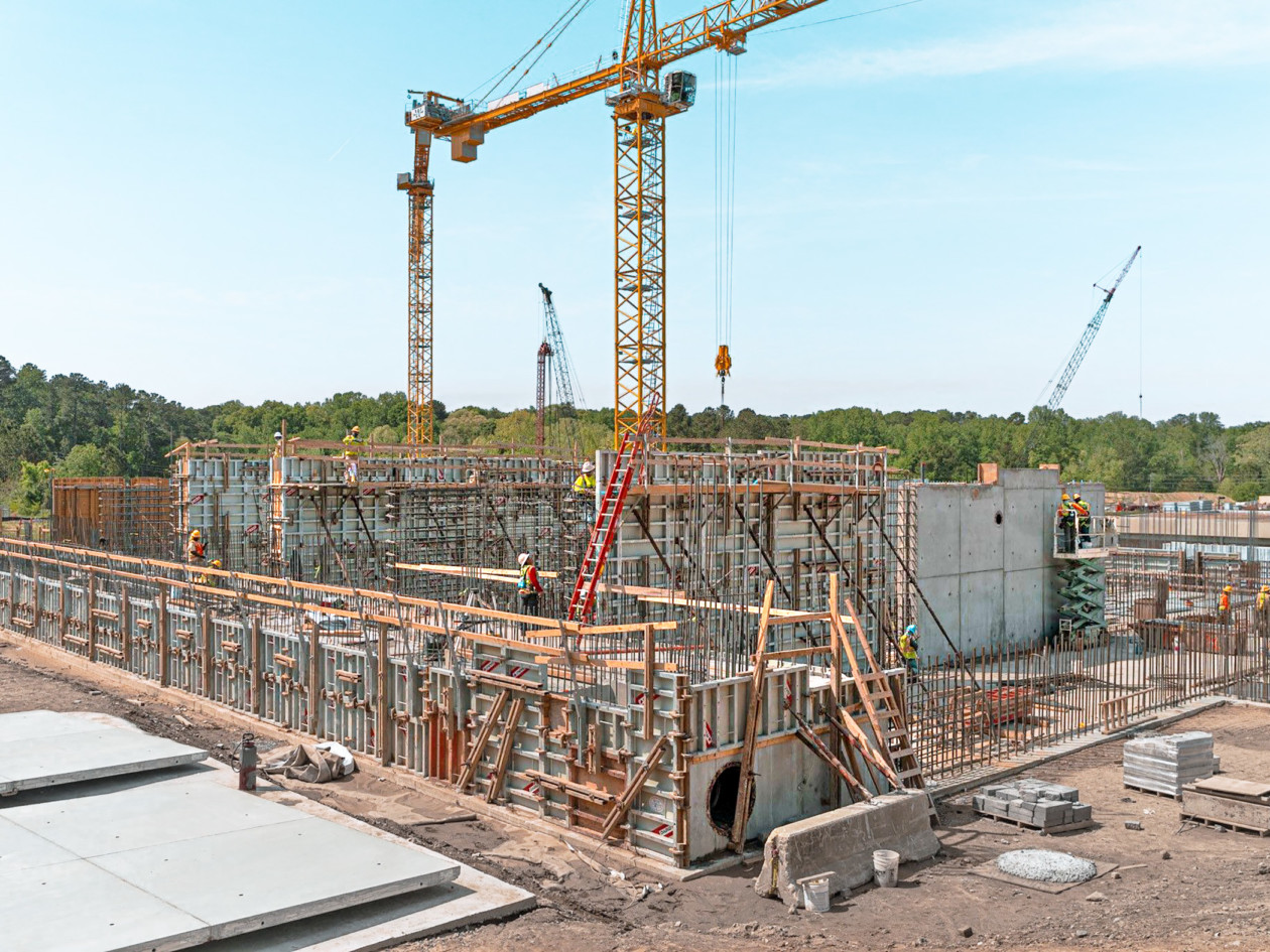 An image of MEVA's refurbished Imperial wall formwork being used to construct the big creek water plant in Roswell, Georgia