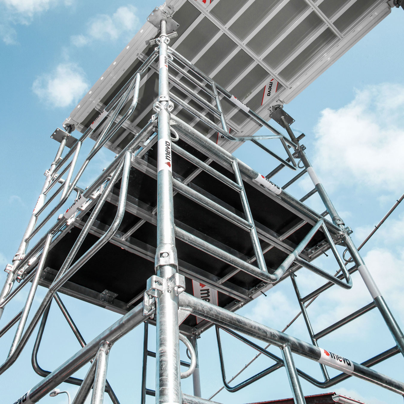 Looking up at an aluminium shoring tower