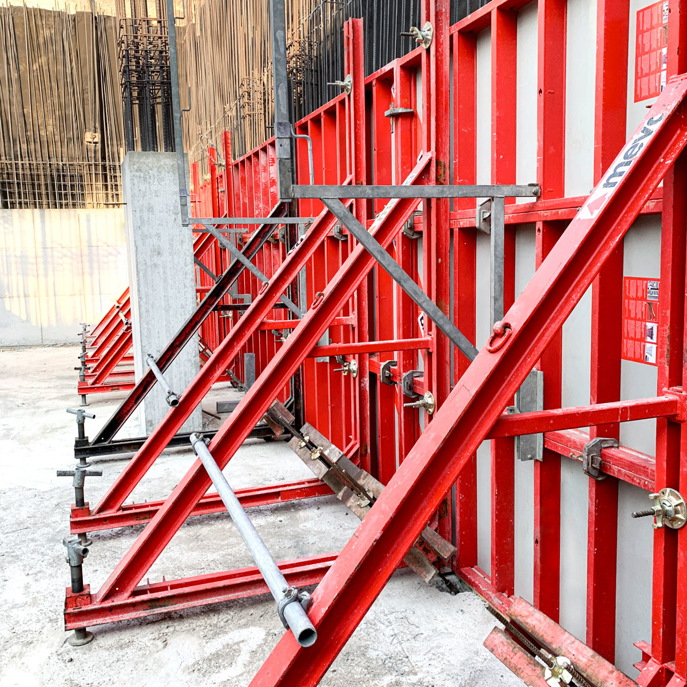 Steel formwork with support brackets in place