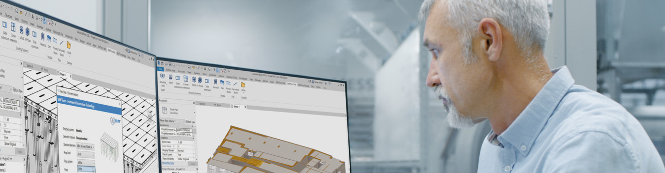 cEin Schalungstechniker arbeitet an einem Deckenschalungsentwurf mit BIM²Form - einem Plugin für Autodesk Revit