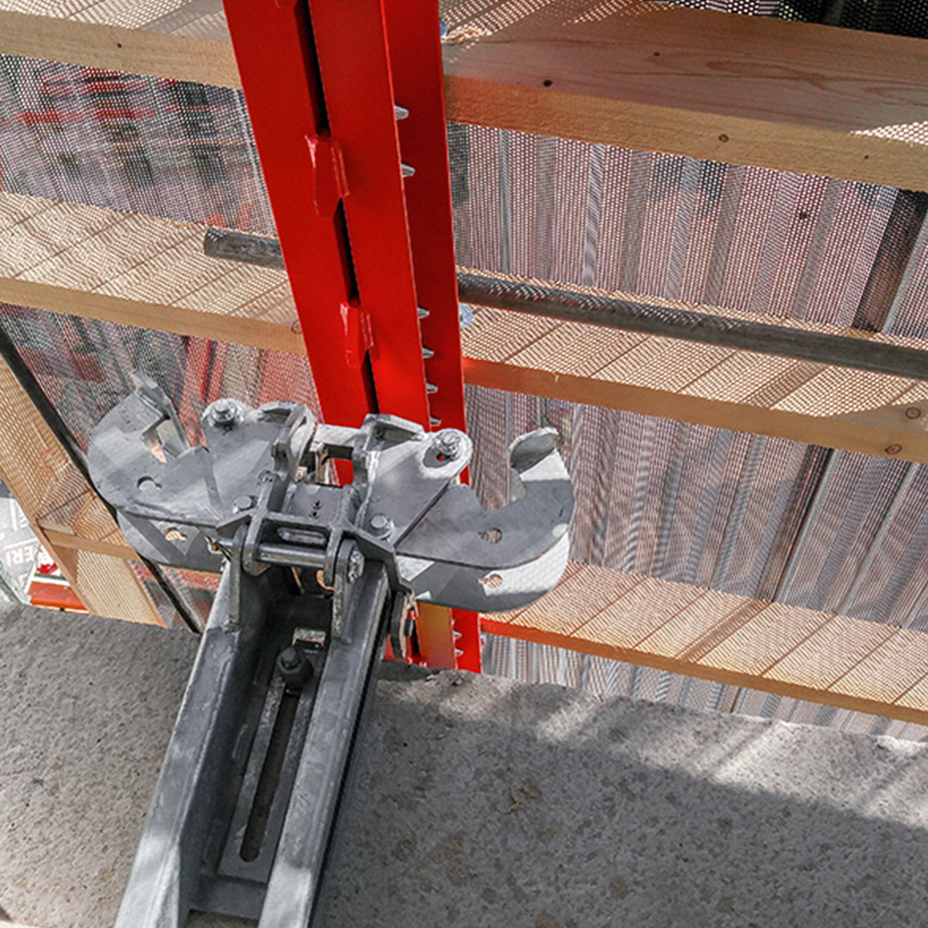 A close up of a rail guided formwork system